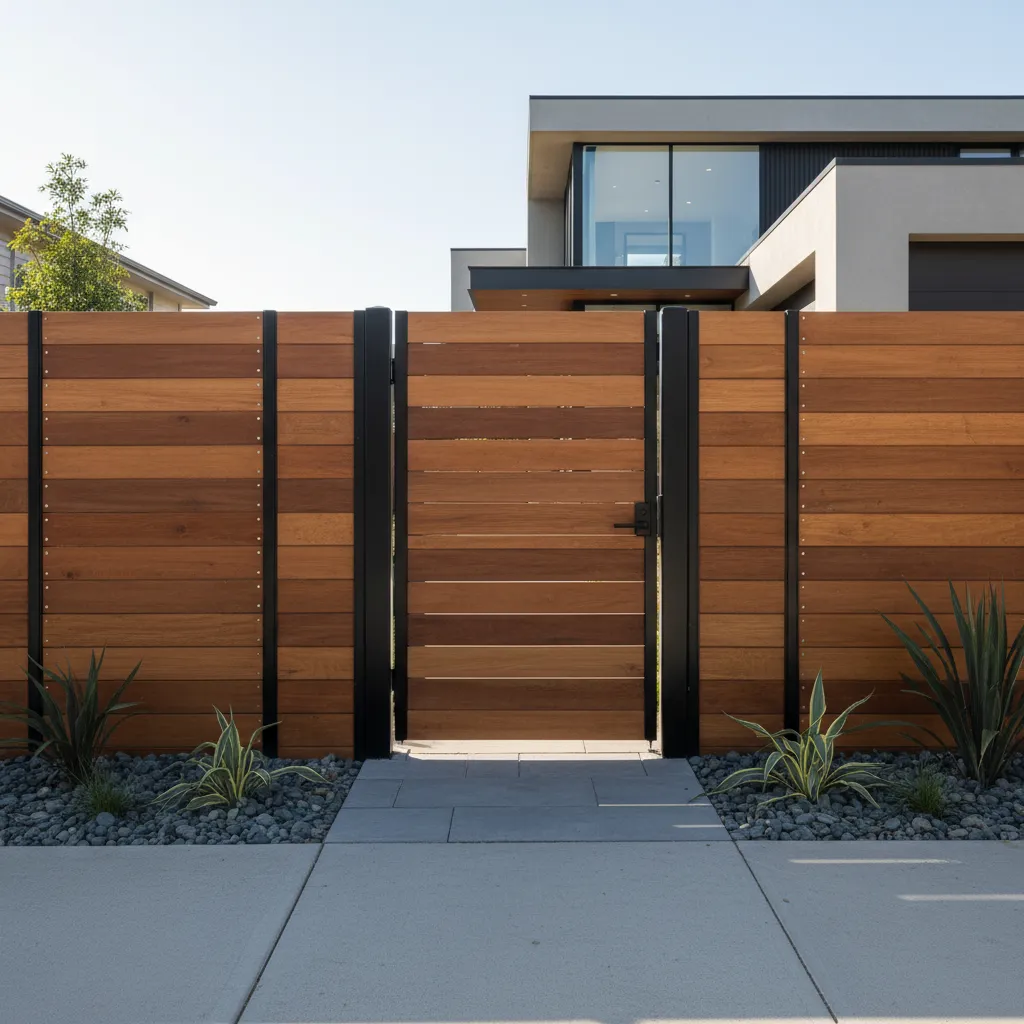 reja moderna combinada de metal negro y paneles de madera