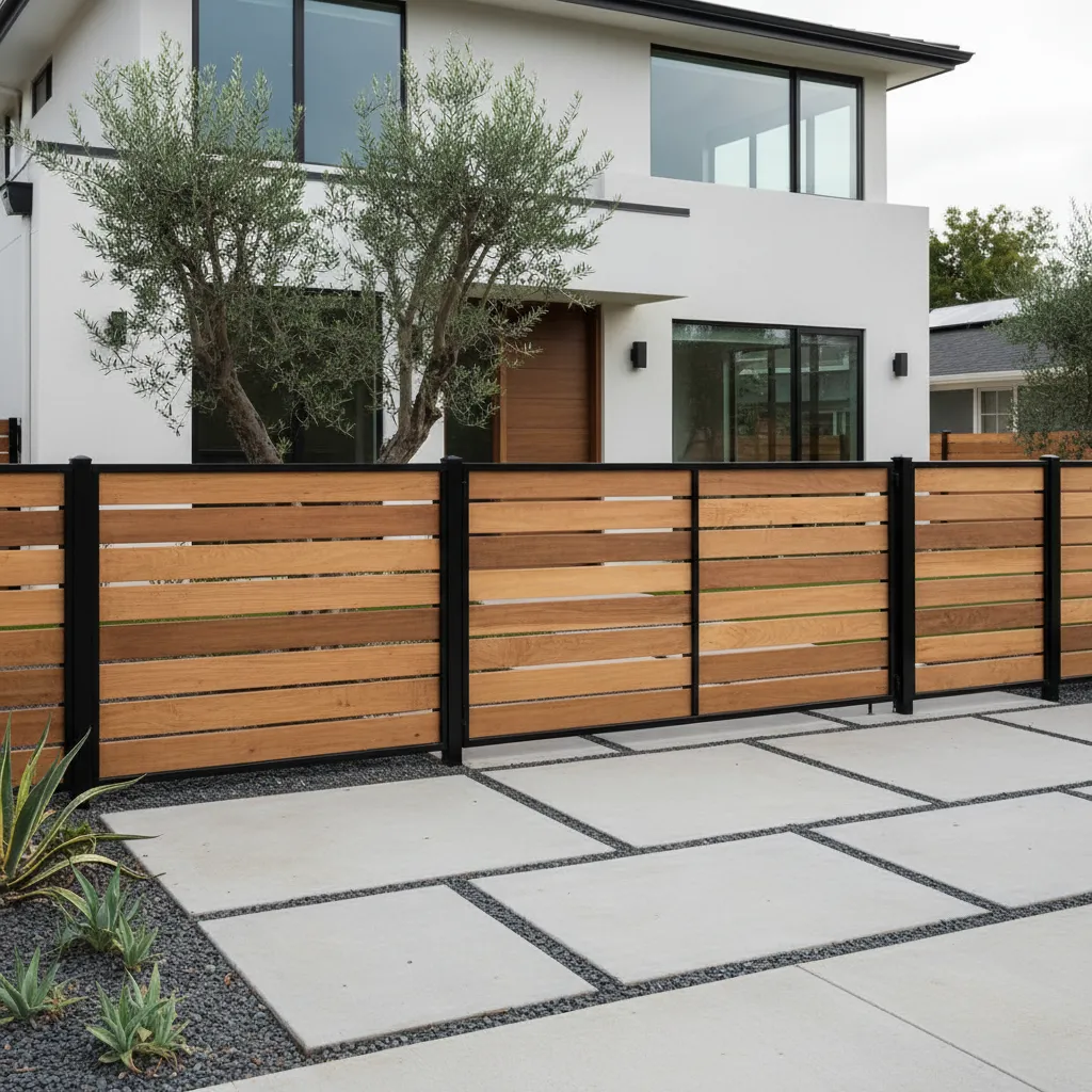 Reja moderna combinando metal negro y paneles de madera
