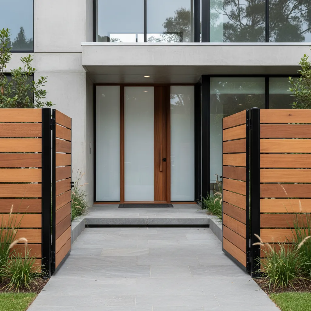 Entrance of modern house with open wood and metal gate leading to frosted glass door