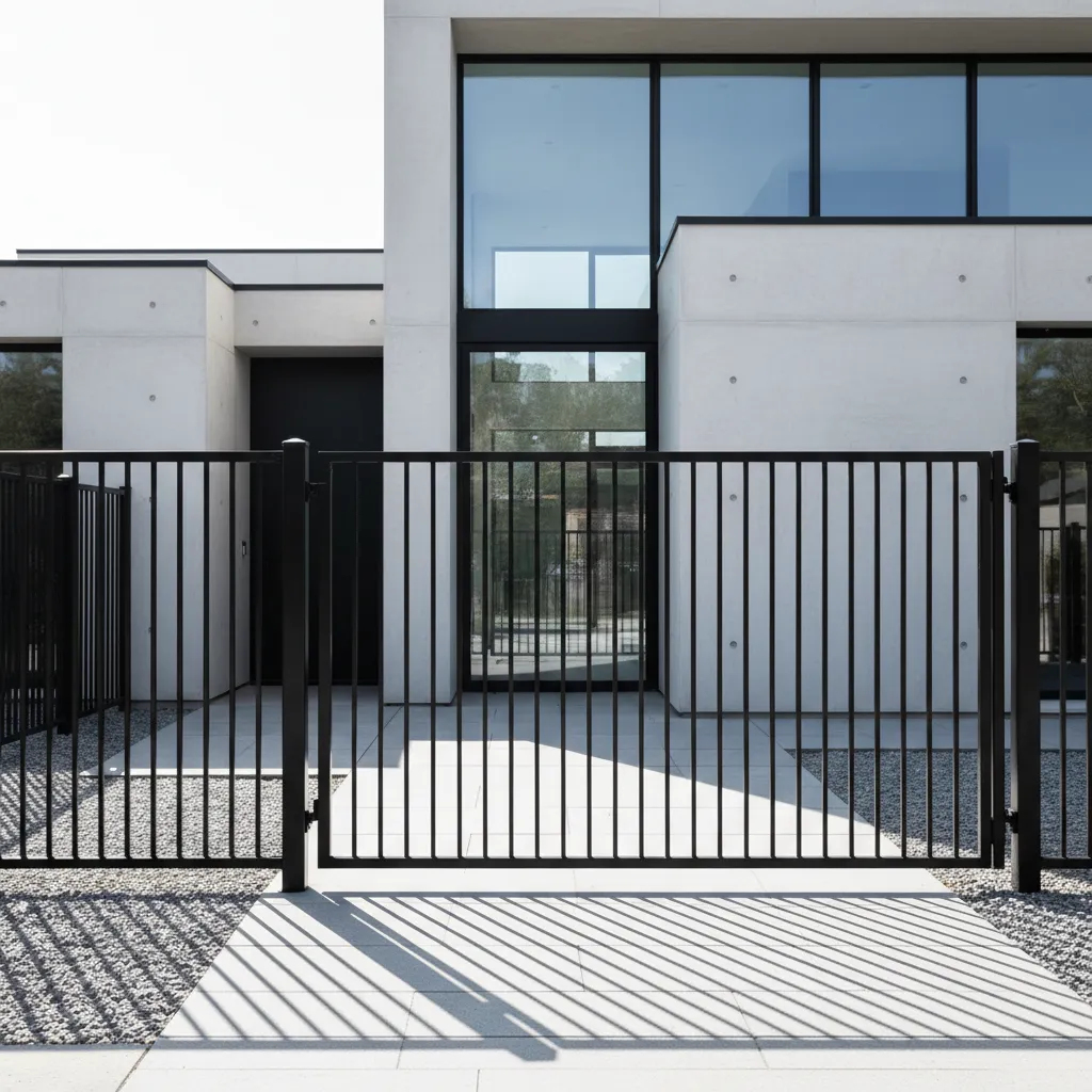 Modern white concrete house front with black vertical metal fence gate and large glass windows