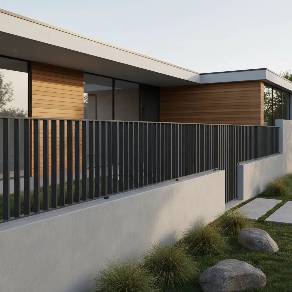 Reja moderna montada sobre muro bajo de concreto en una casa contemporánea