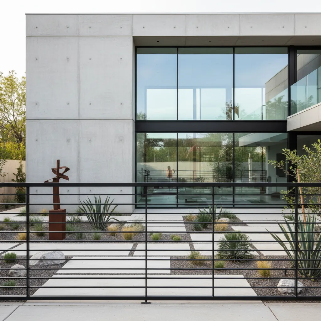 Reja moderna con líneas horizontales en acero negro frente a una casa contemporánea