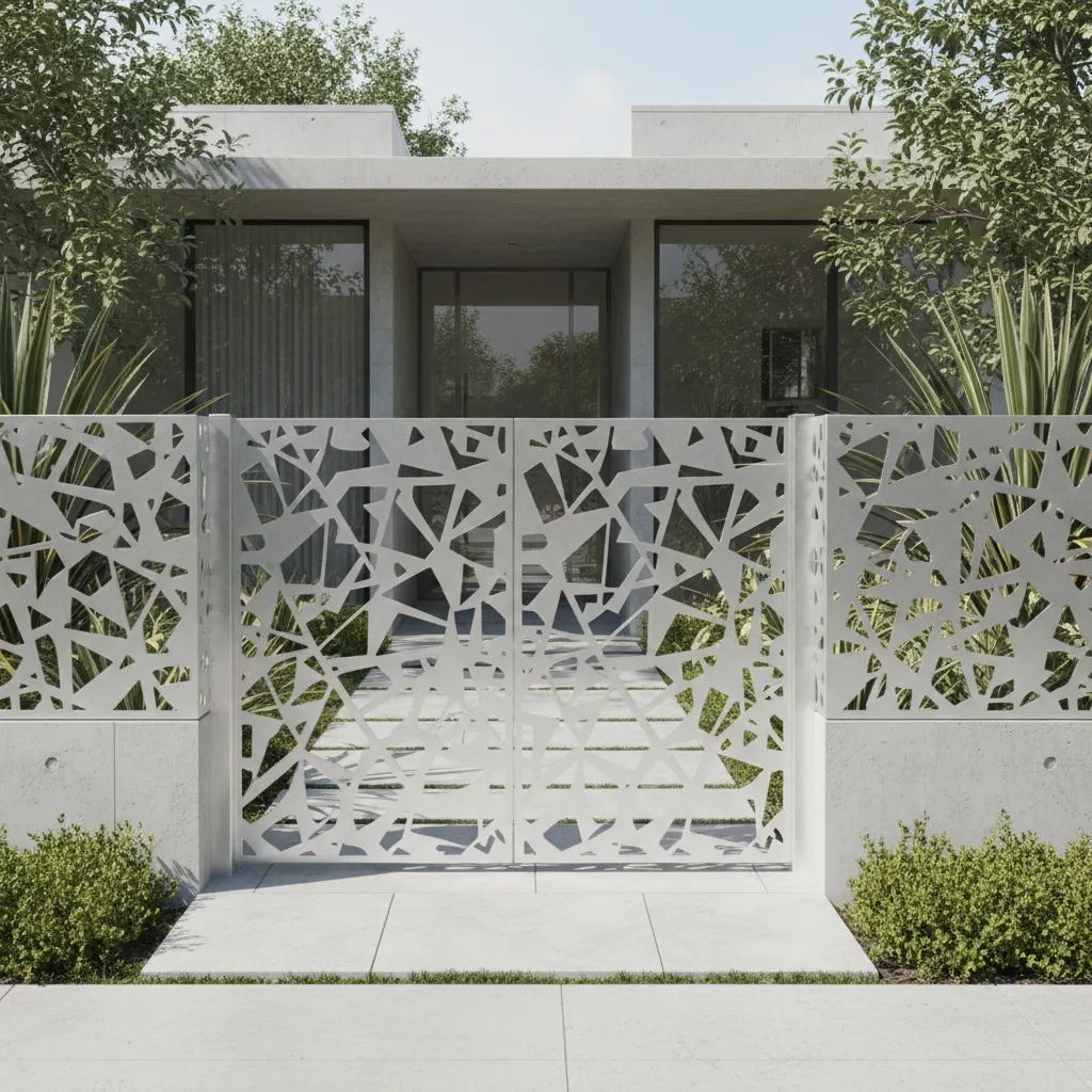 Reja moderna con panel metálico en fachada residencial