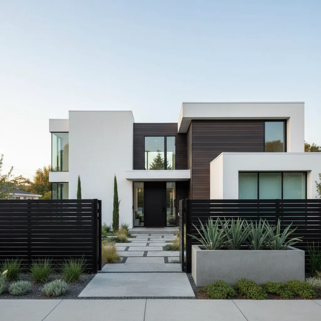 Reja negra moderna combinada con fachada clara