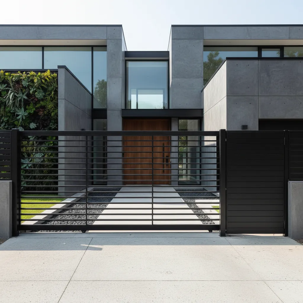 Modern house with glass windows and black metal horizontal gate next to living plant wall