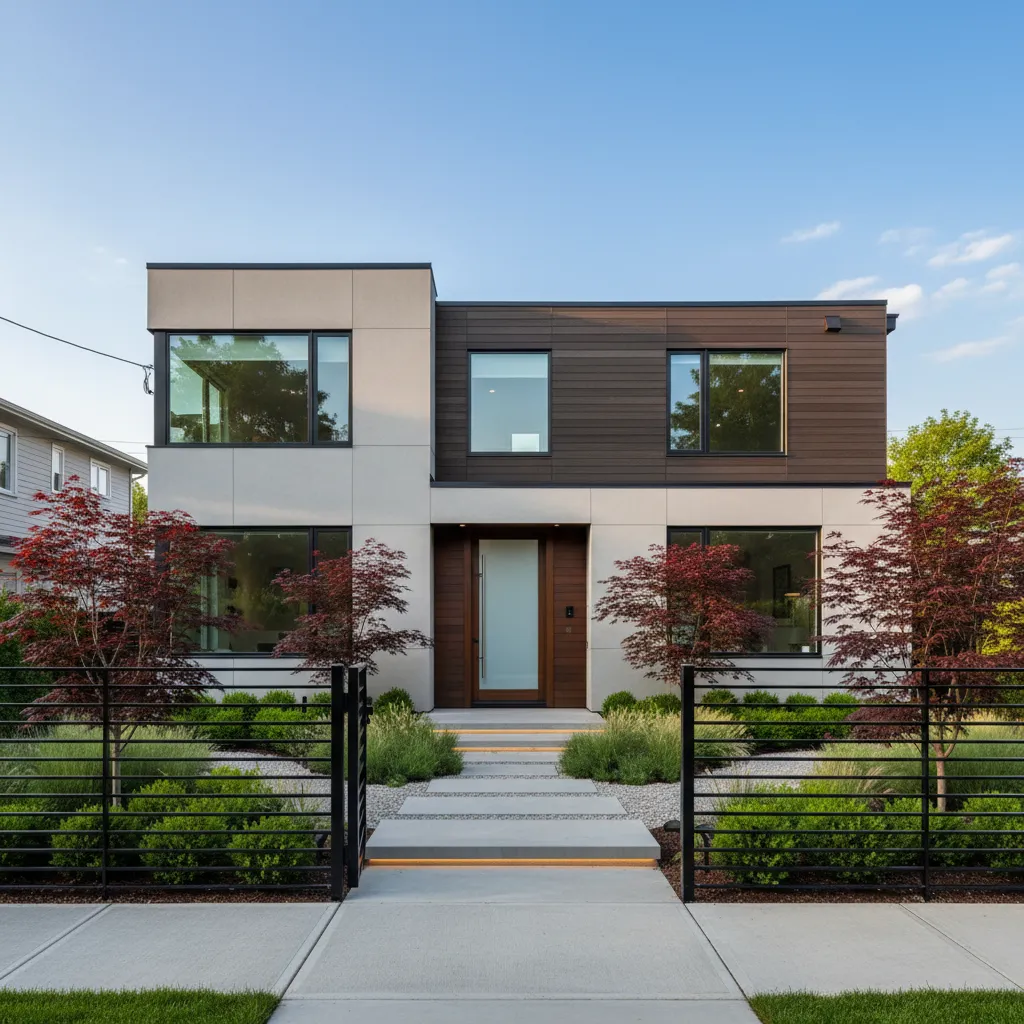 Two story modern house with grey panels wood siding black horizontal fence and garden walkway