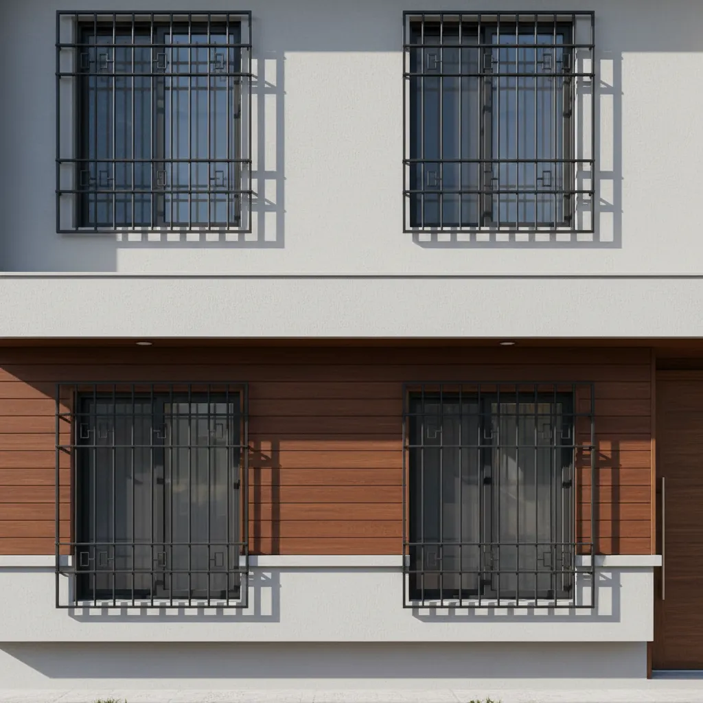 Modern building facade with four windows featuring black metal security bars over white wood walls