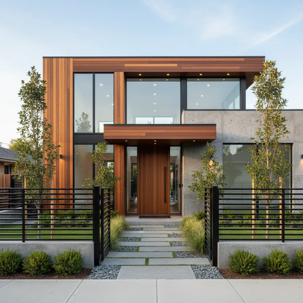 Reja metálica combinada con paneles de madera en fachada moderna