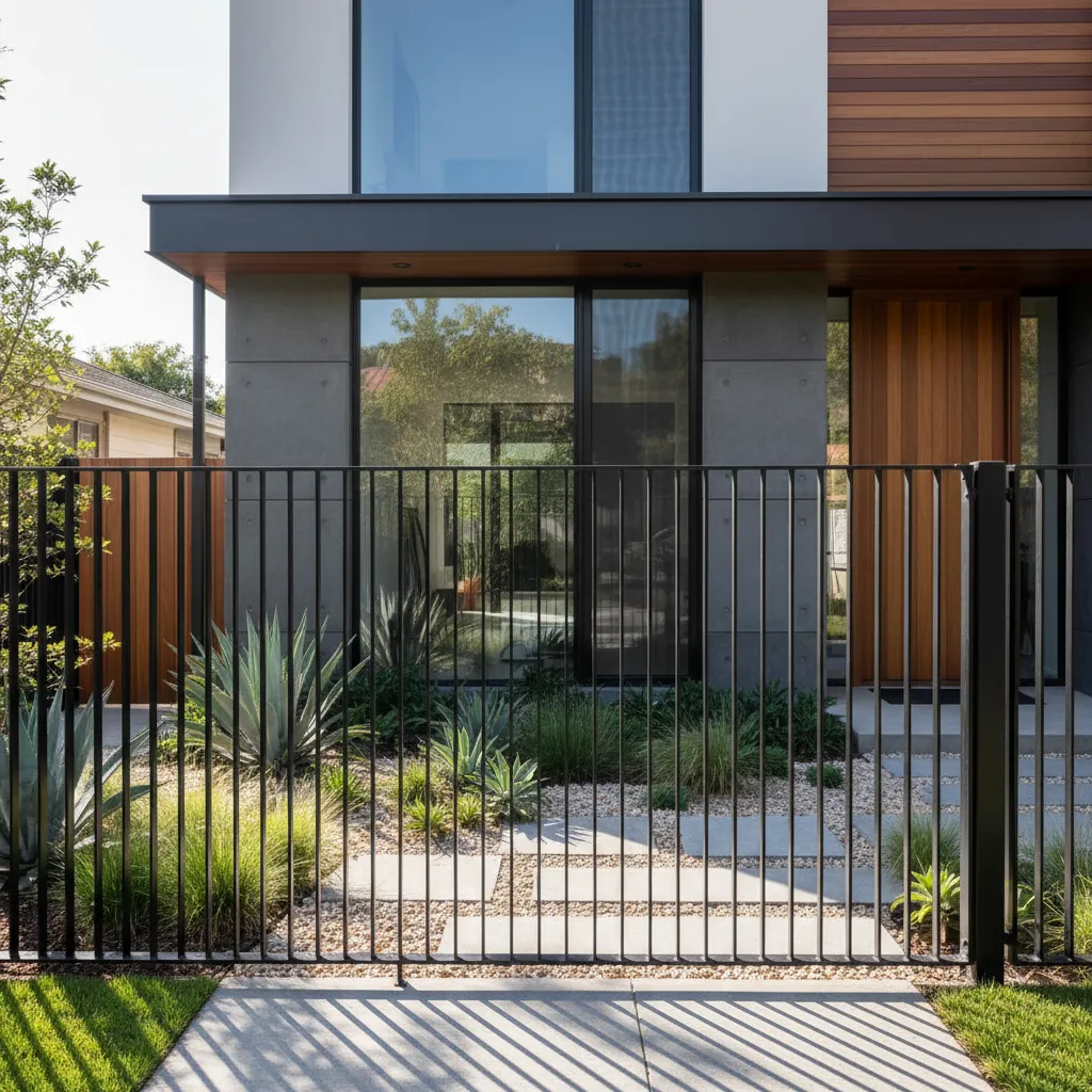 Frente de casa con reja moderna y jardín decorativo