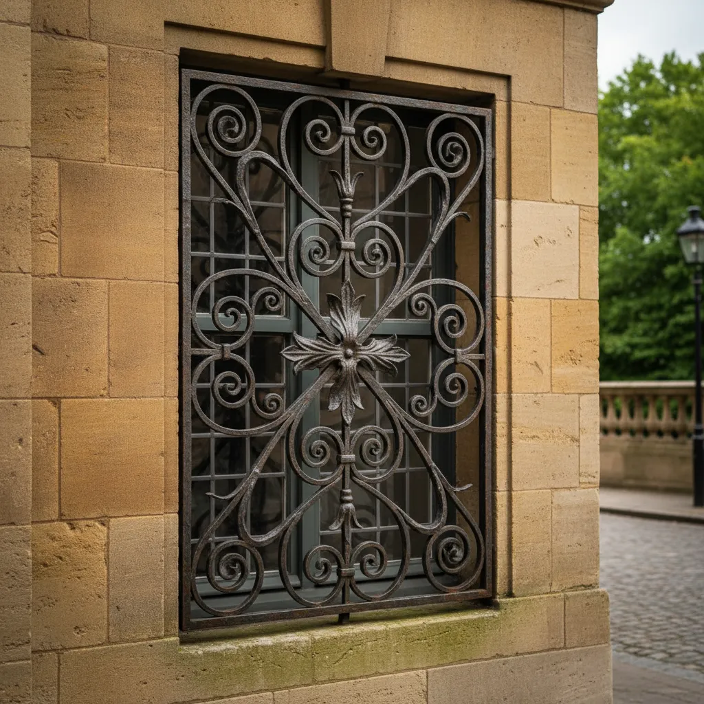 Rejas decorativas de hierro con formas curvas en ventana
