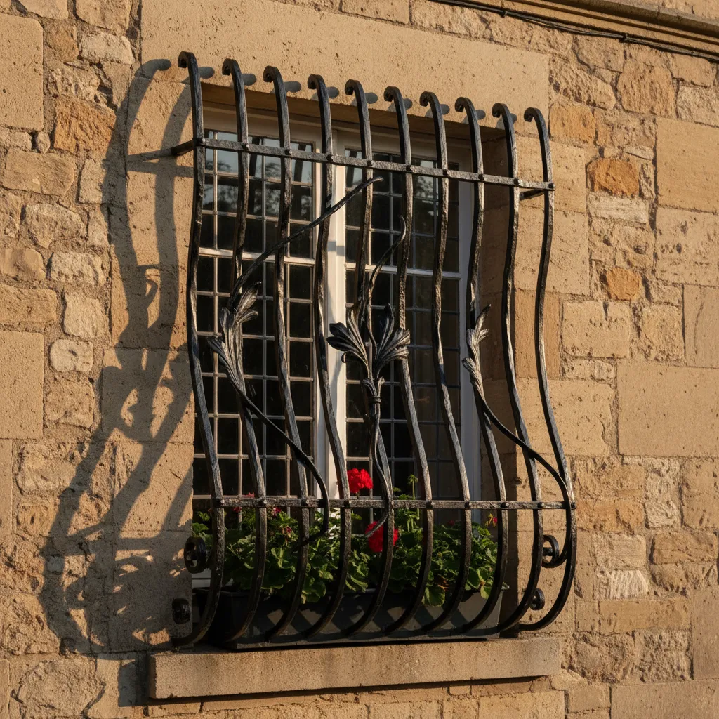 Curved black iron window bars on a stone wall with red flowers in a planter