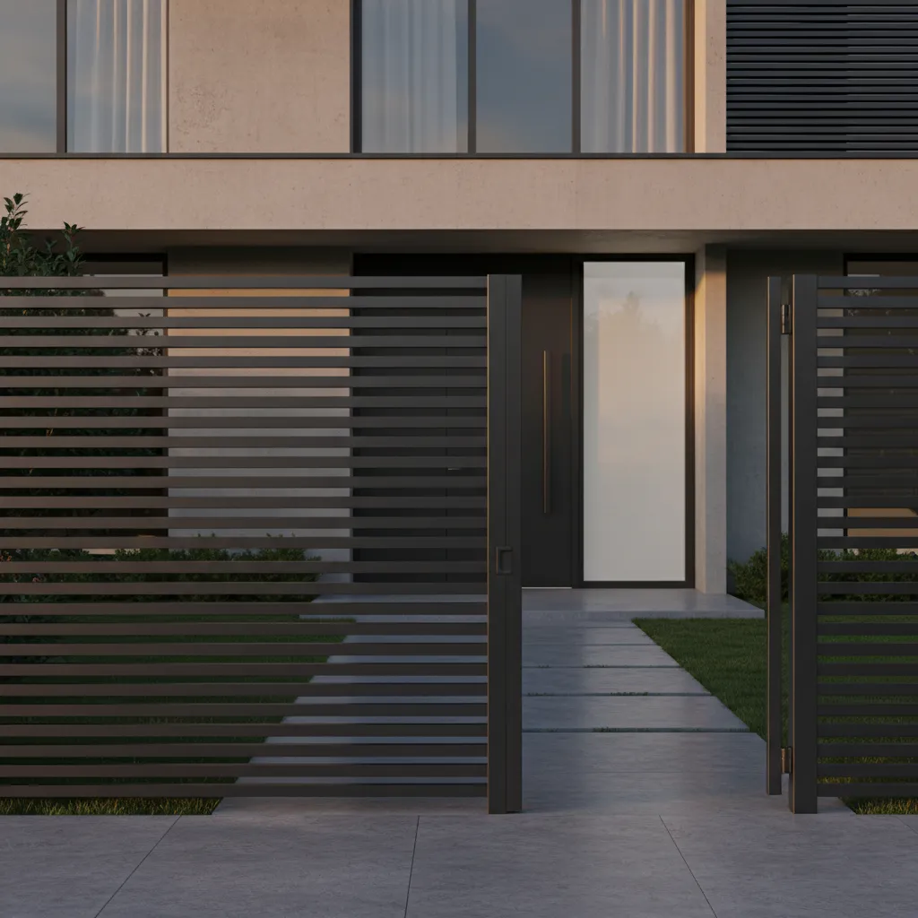 Rejas modernas con lamas horizontales en fachada contemporánea