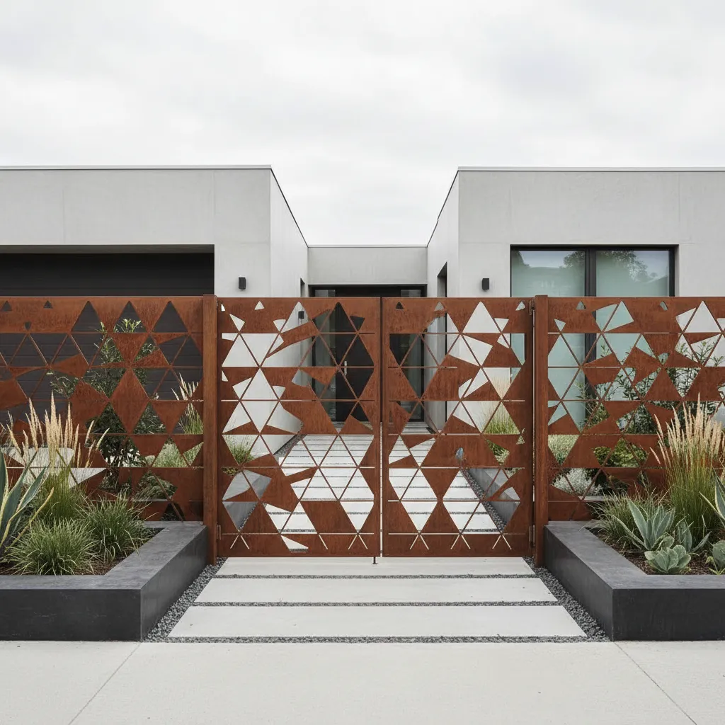 Rejas modernas con panel metálico decorativo y diseño geométrico