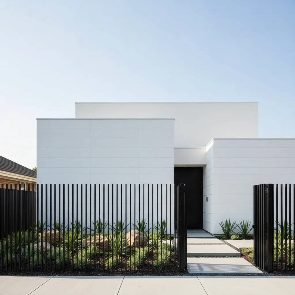 Casa contemporánea con reja negra de barras verticales en el frente