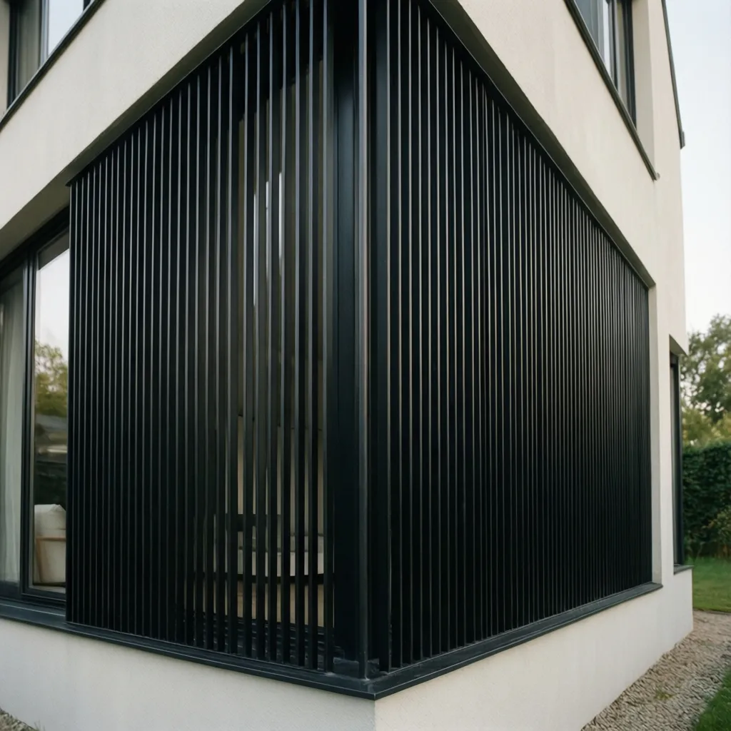 Modern house exterior corner featuring black vertical metal bars over large glass windows and walls