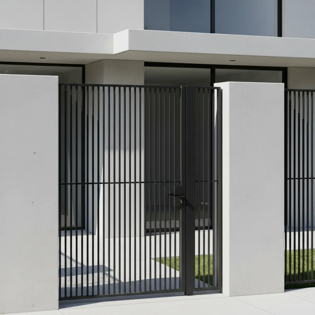 Reja moderna con líneas verticales en la entrada de una casa