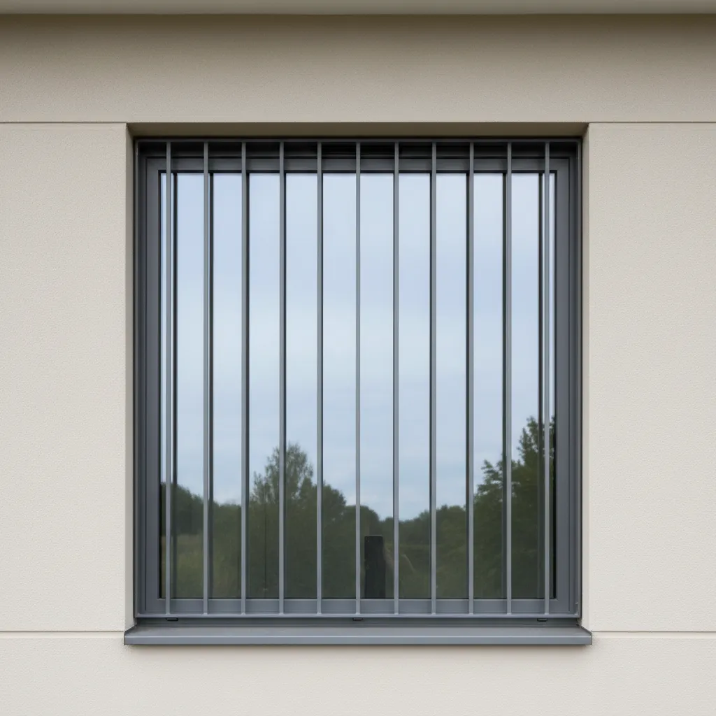Ventana residencial con rejas de barras verticales minimalistas