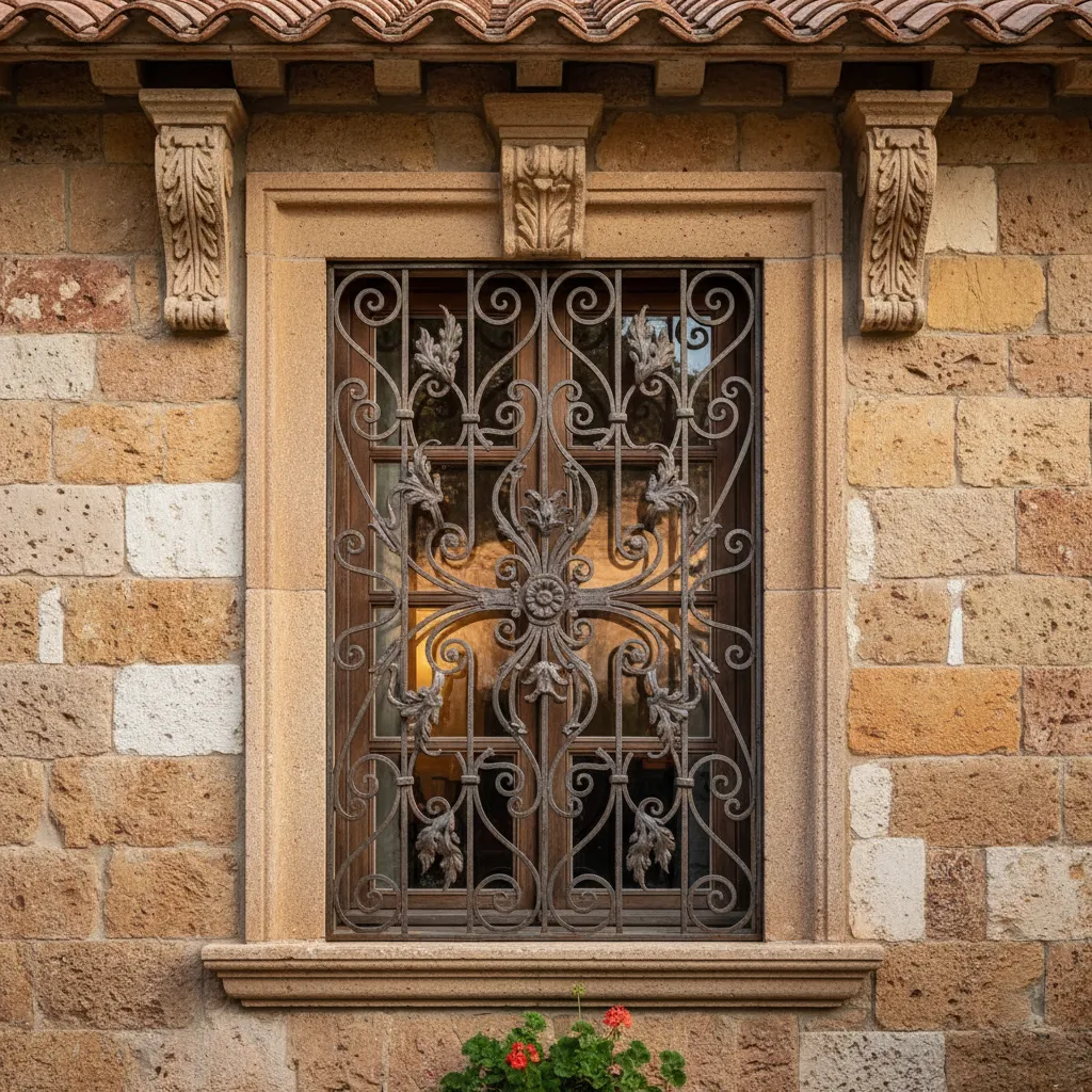 Ventana de casa tradicional con reja de hierro forjado