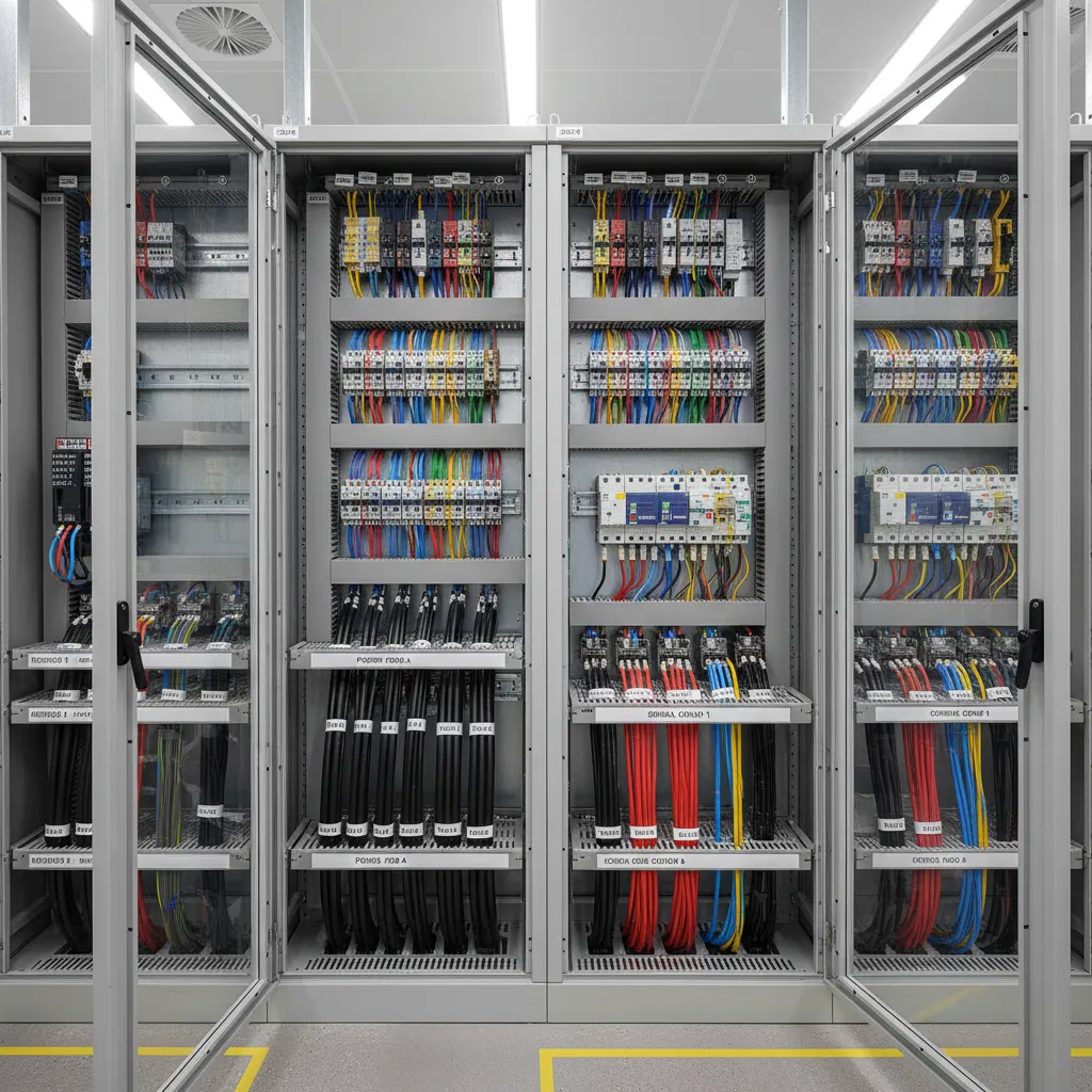 Relay protection cabinets with organized cable routing and separated trays