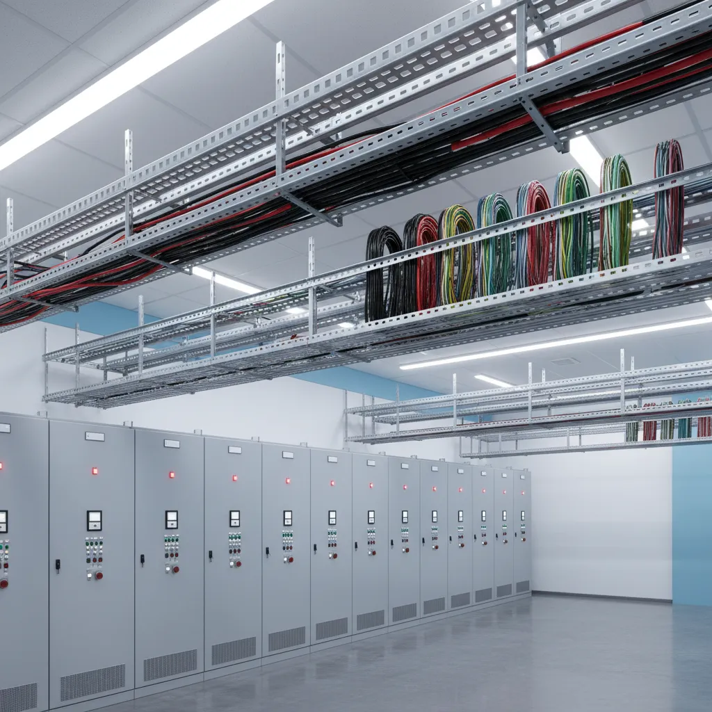 Cable trays and organized wiring in a relay protection room