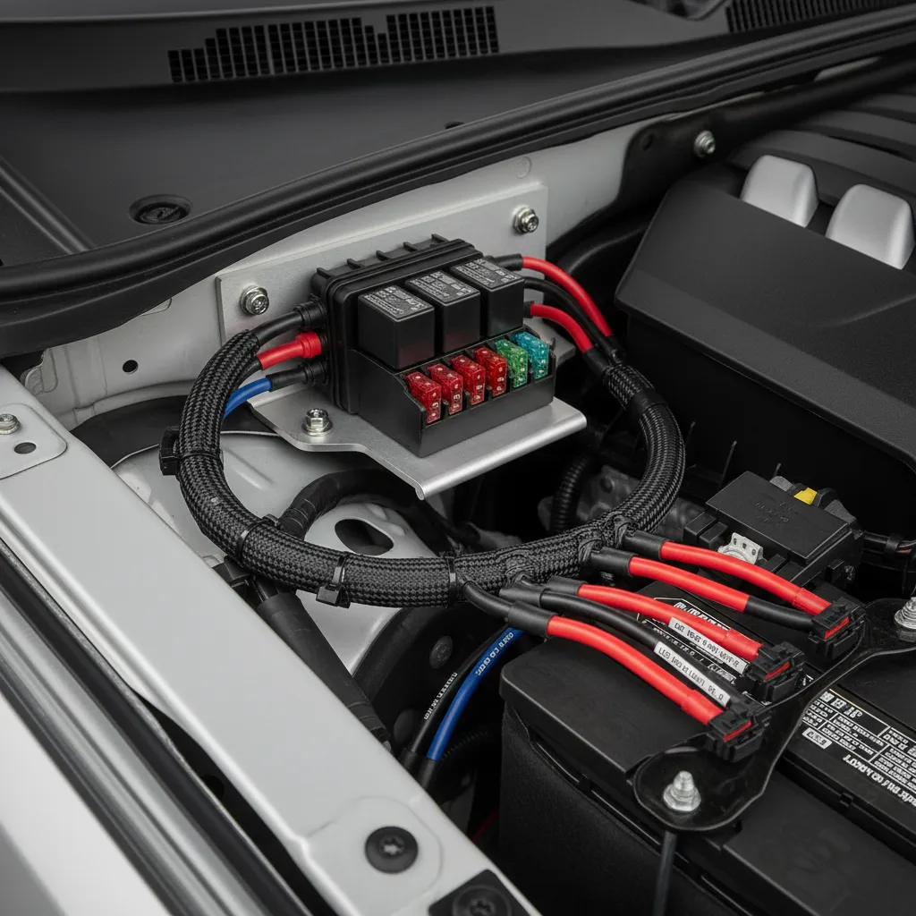 Automotive relay and fuse block used in professional rock light wiring setup