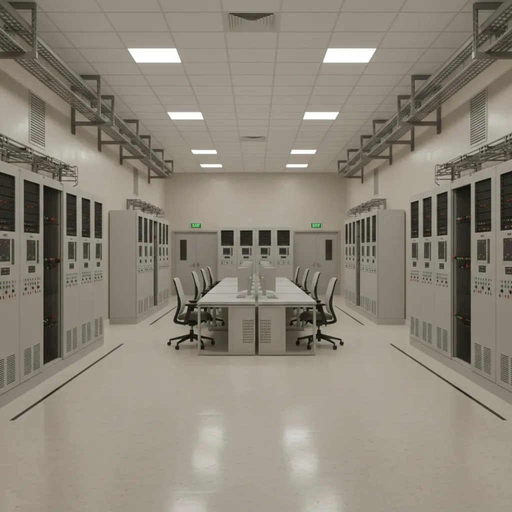 Relay panels arranged with proper maintenance clearance and walkway spacing