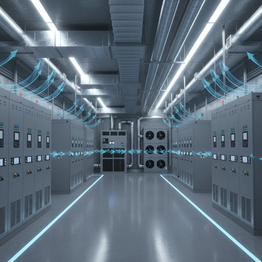 Relay room with ventilation layout showing airflow around electrical panels