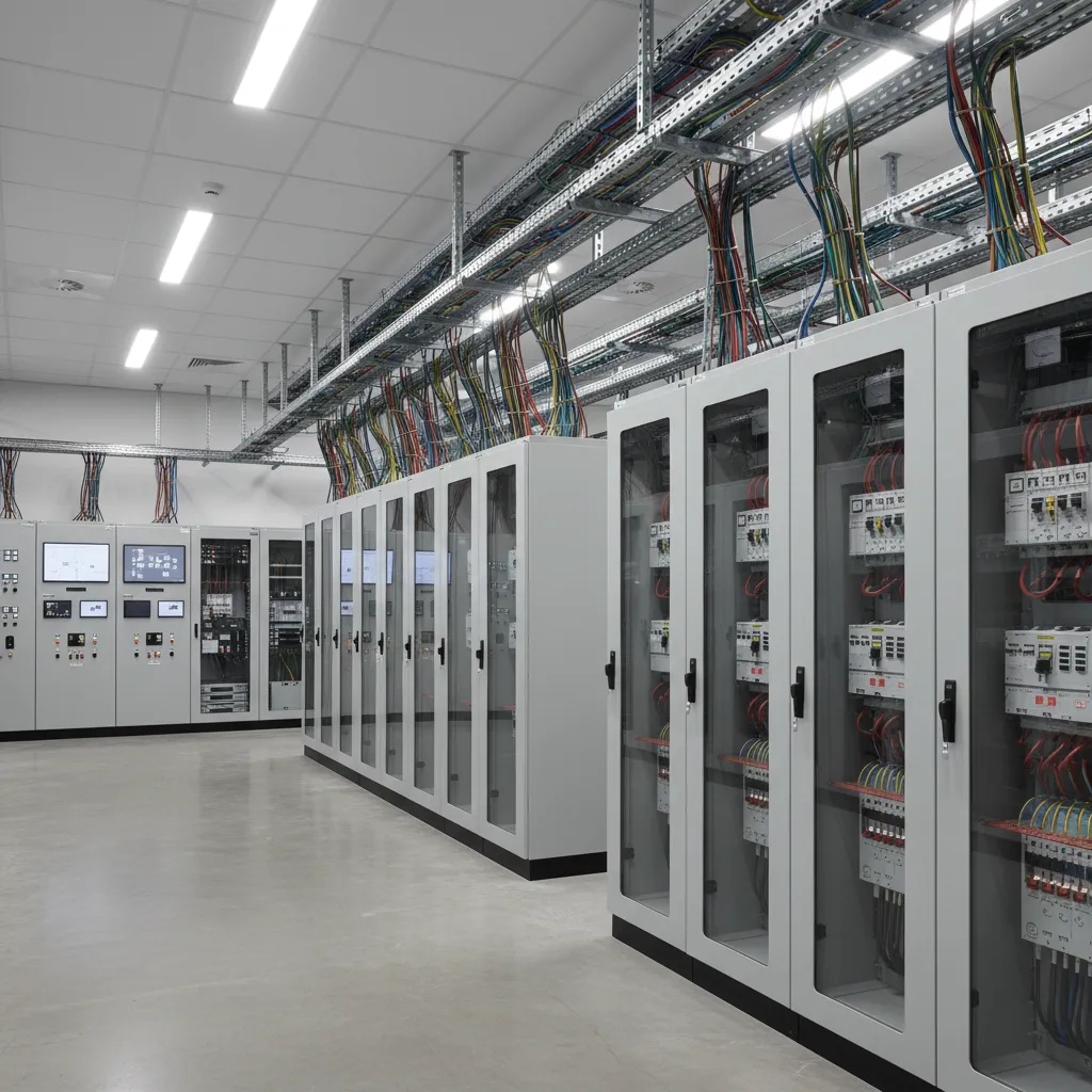 Overview of a relay protection room with rows of control panels and cable trays