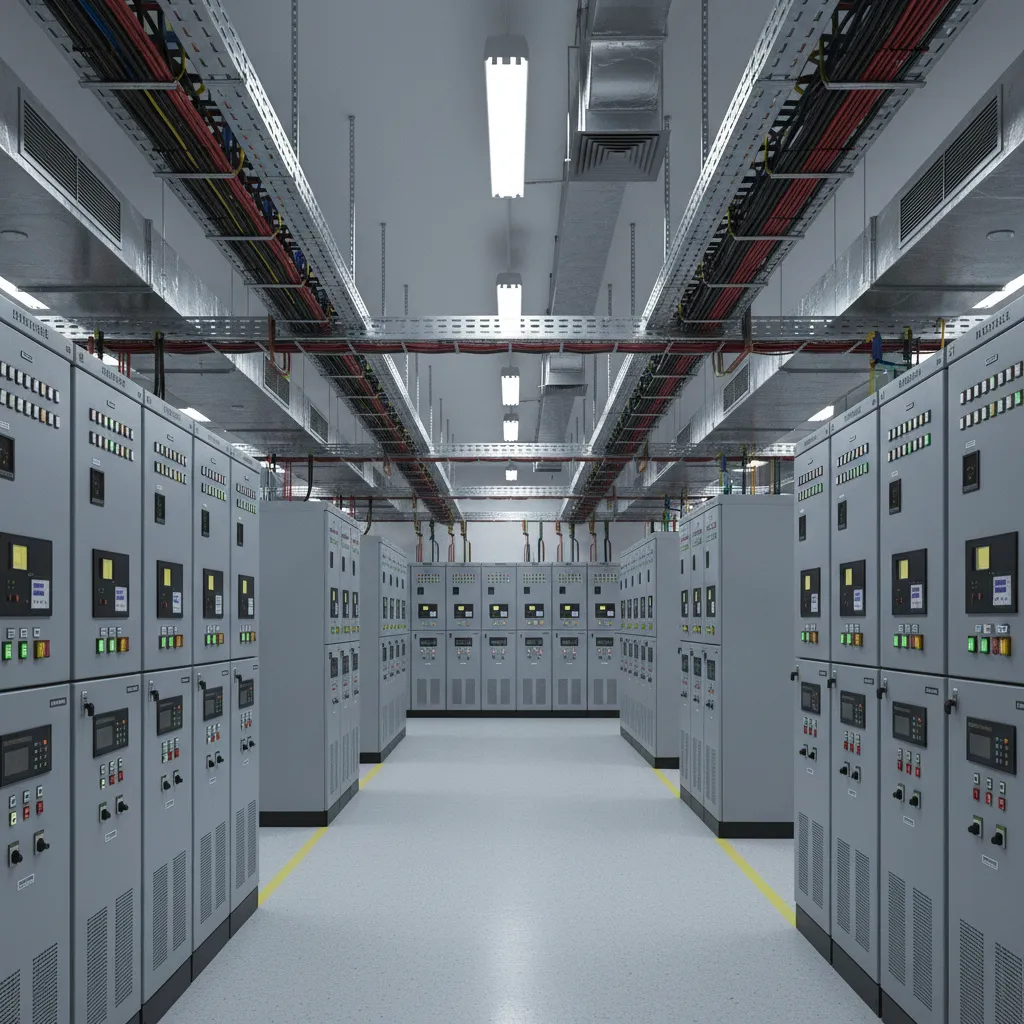 relay protection panel layout with cable trays and clear working space