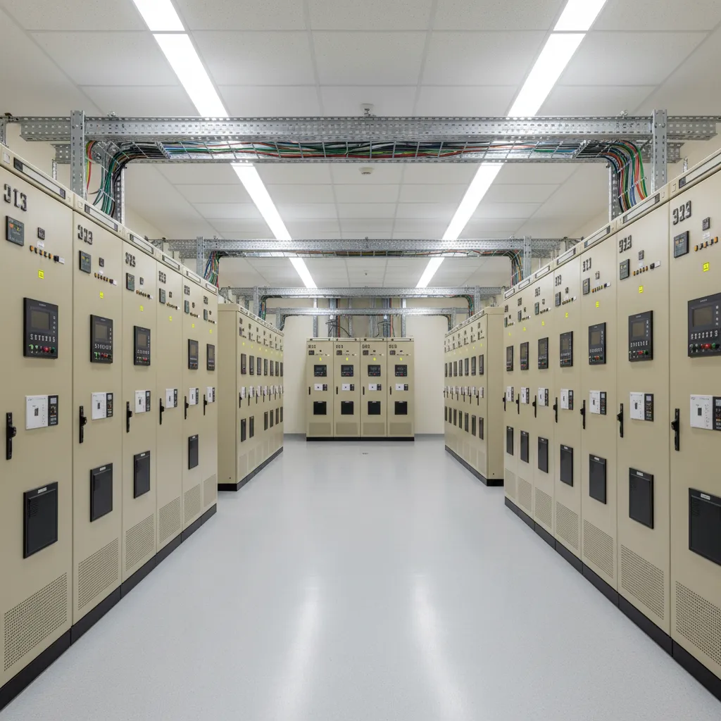 Substation relay room with rows of protection relay panels and cable trays