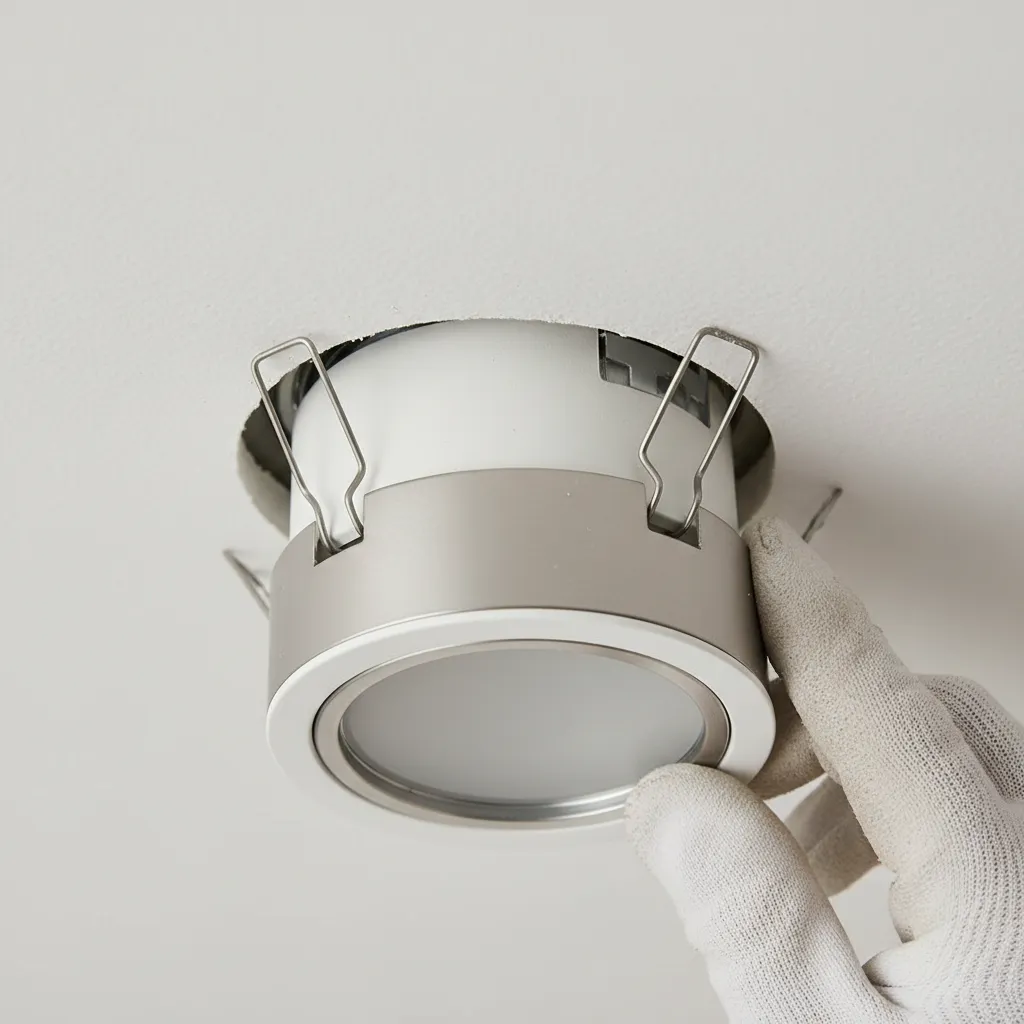 Hand pressing recessed light retaining clip inside drywall ceiling opening