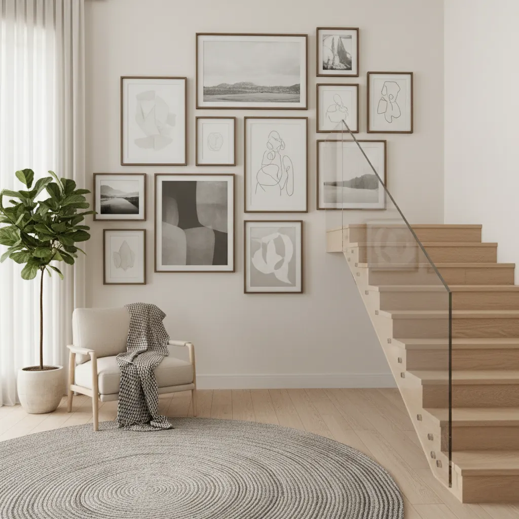 Rellano de escalera con galería de cuadros en pared