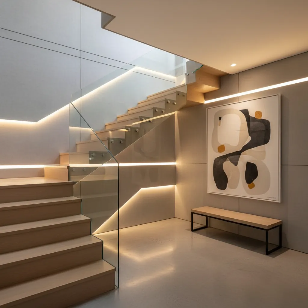 Rellano moderno con iluminación indirecta en pared