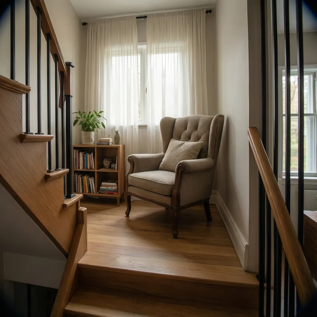 Rellano convertido en pequeño rincón de lectura