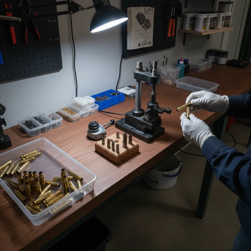 reloading bench with bright LED task lighting illuminating cases