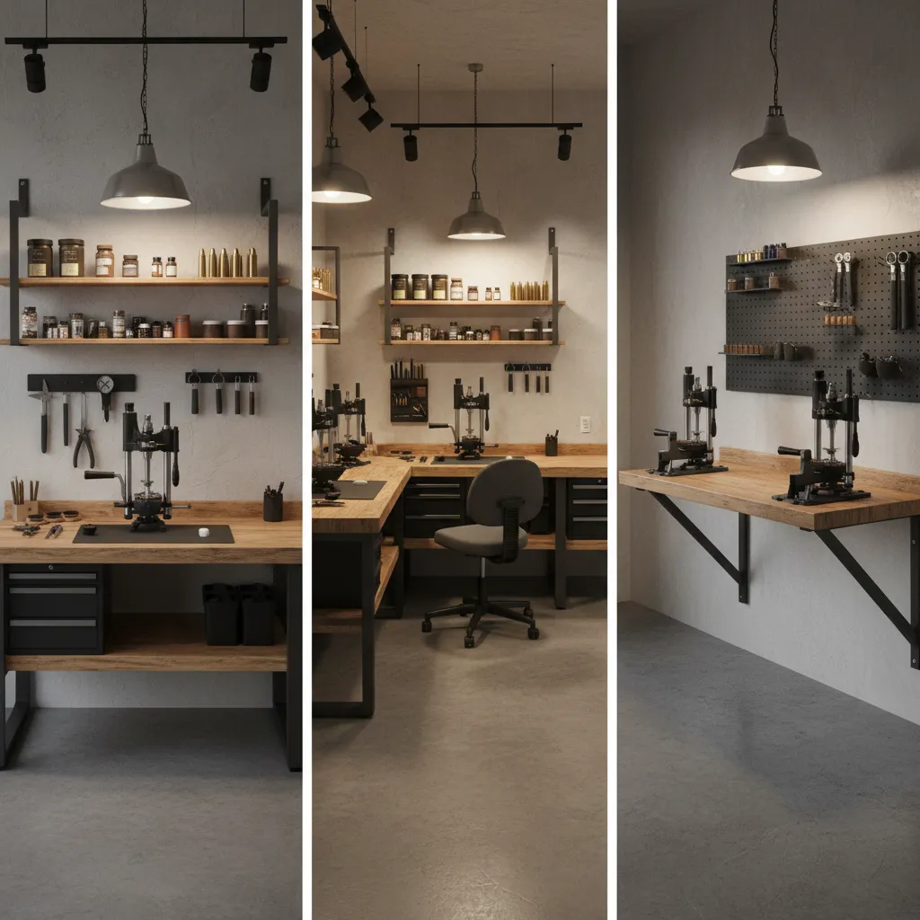Reloading Room Layout Comparison Bench U Shape and Wall Mounted Setups