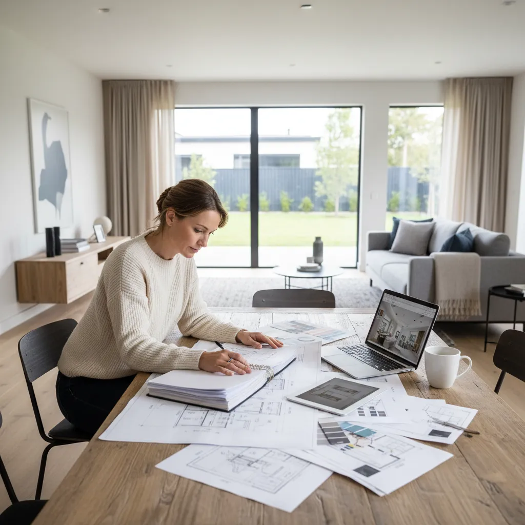 Homeowner reviewing renovation budget with interior plans on a table