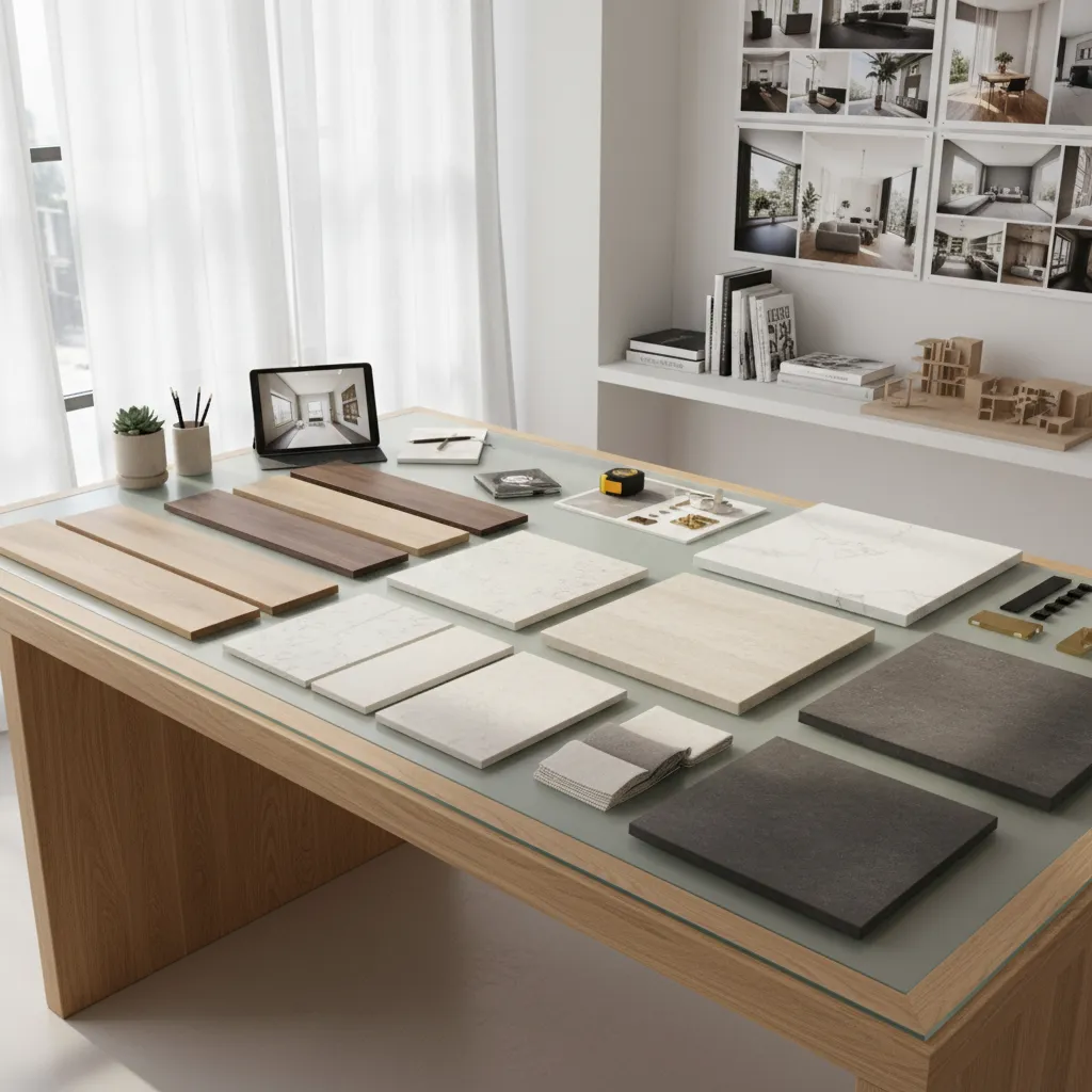 home renovation material selection with samples of wood, tile and countertop surfaces