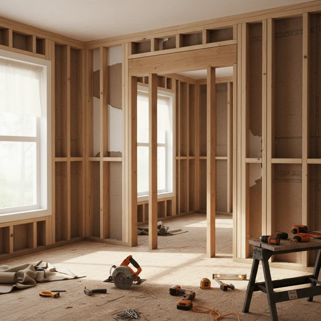 Remodel construction reinforcing door opening with new header and jack studs