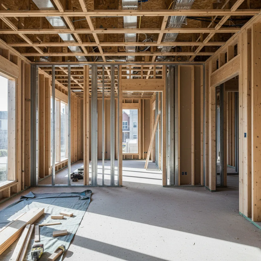home renovation framing stage showing adjustable interior wall structure