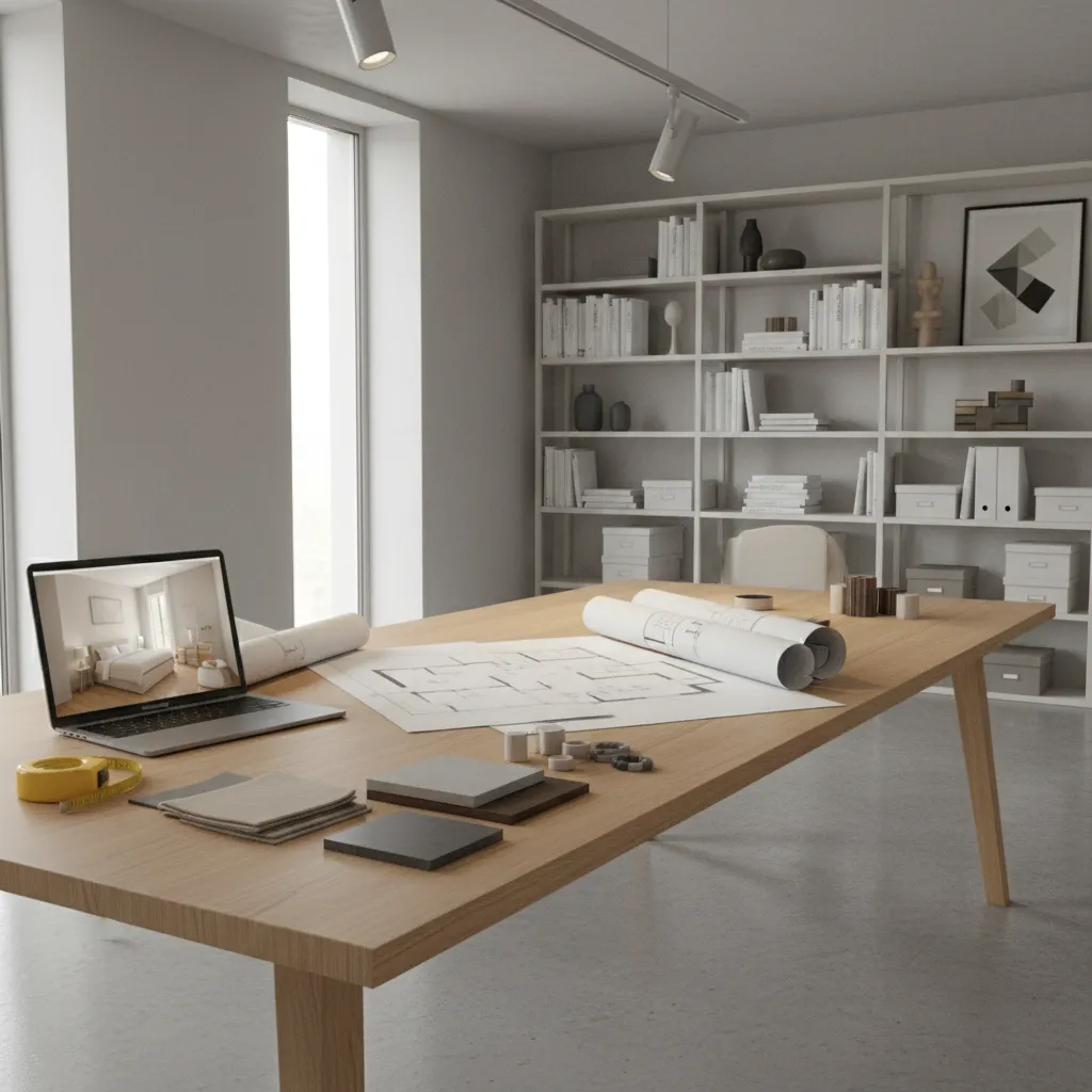home renovation planning workspace with blueprints and laptop showing interior layout