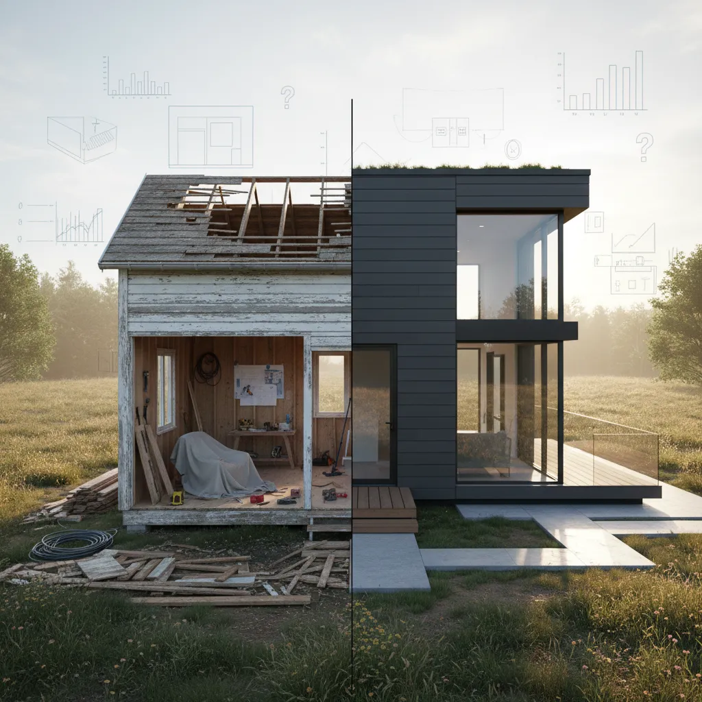 Split image showing a ruined wooden house beside a new modern black home with windows