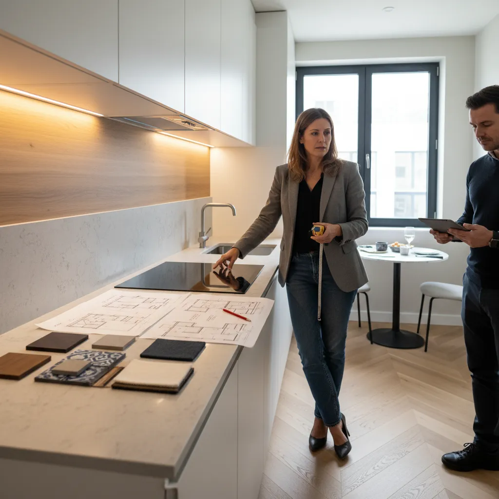 Diseñador revisando remodelación de cocina pequeña en apartamento