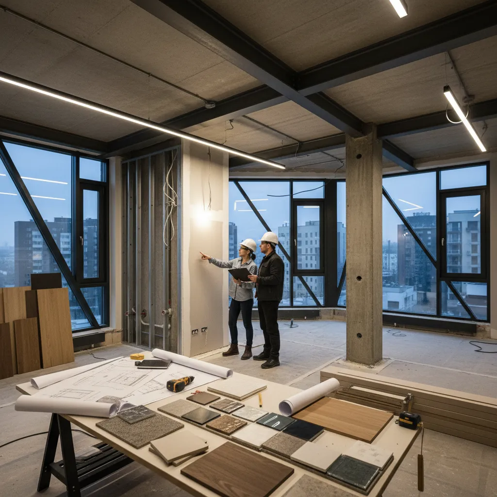 Two people wearing hard hats discussing interior design drawing and material samples in construction site