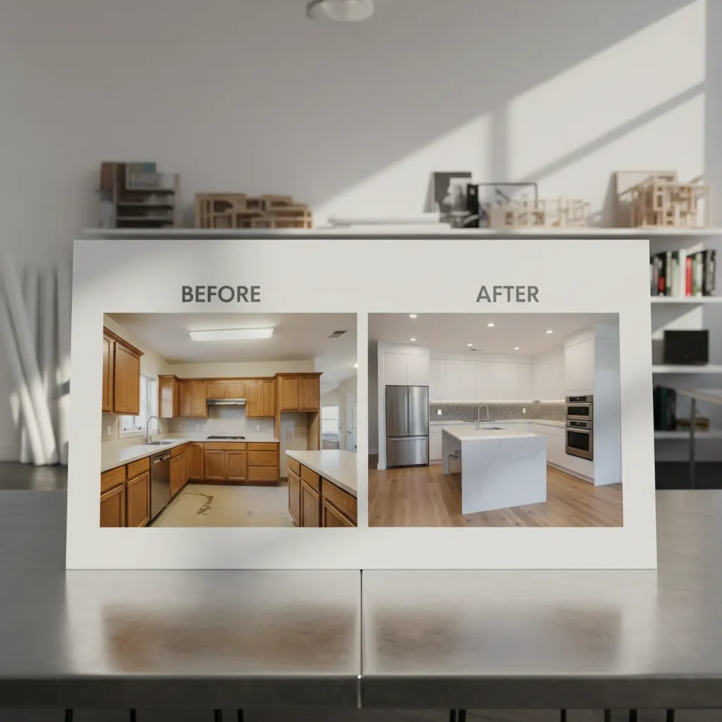 Before and after home renovation comparison boards used in remodeling competition submission