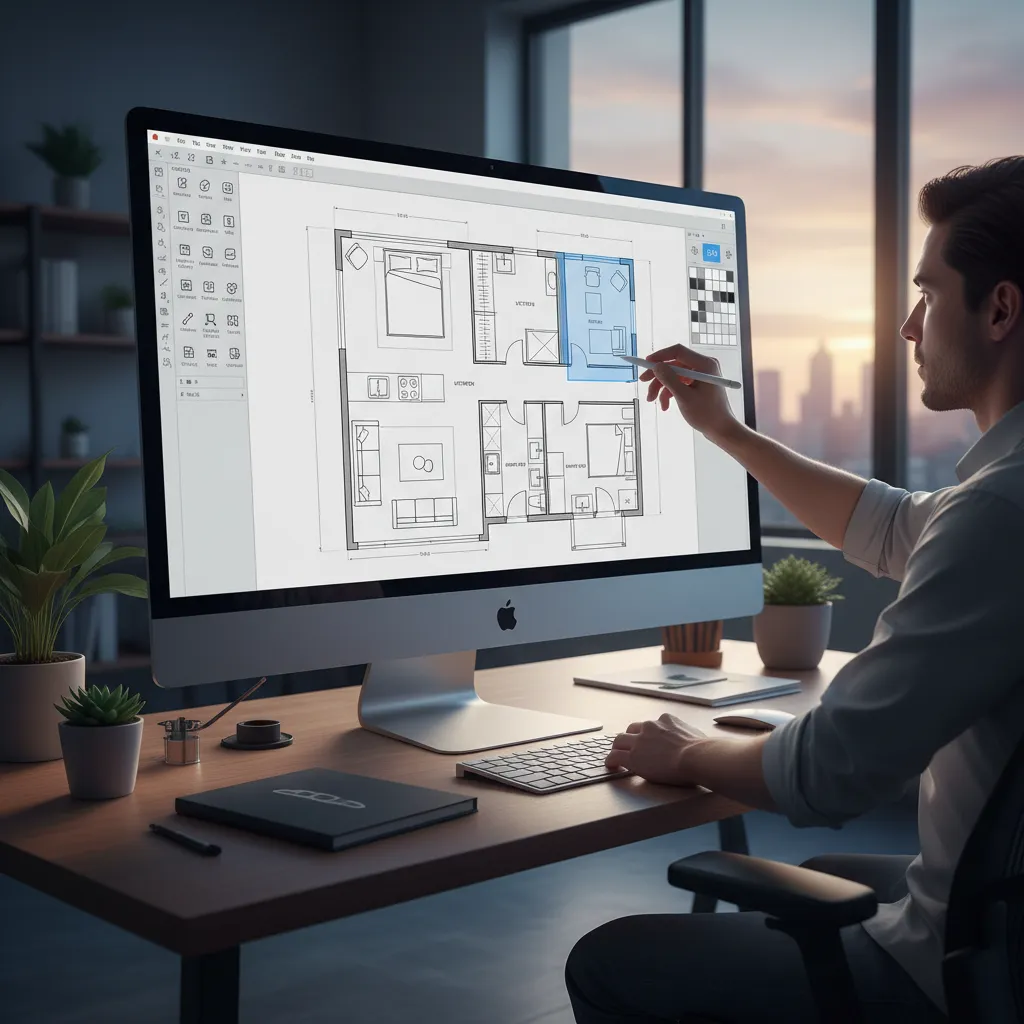 Person using a digital pen to design a floor plan on a large computer screen