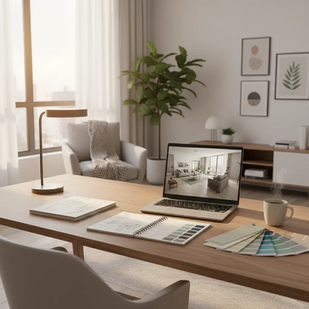 Laptop showing interior design drawing on wooden desk with color swatches notebooks and coffee mug