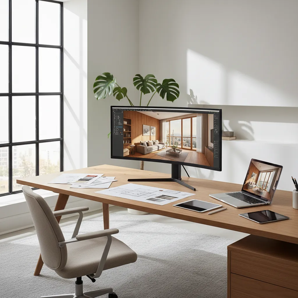 Large monitor on wooden desk showing interior design drawing with laptop and paper floor plans