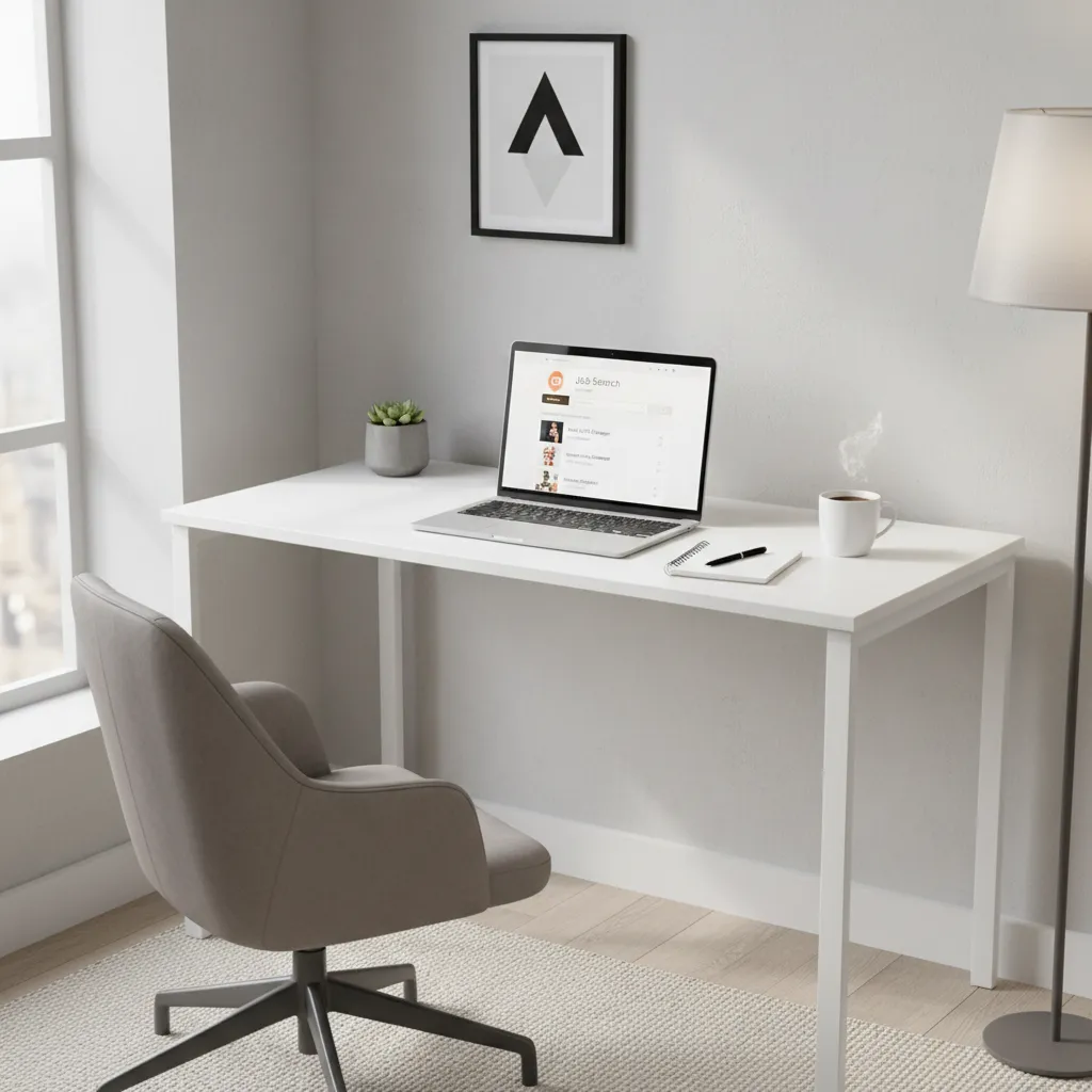Beginner searching remote jobs on laptop in a clean home workspace