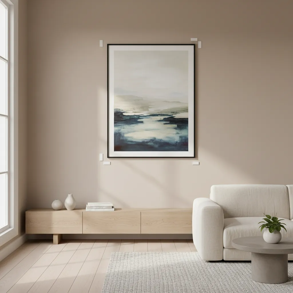 large art print mounted on wall using removable adhesive strips